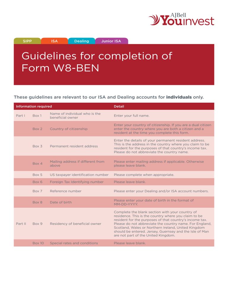  Guidelines for Completion of Form W8 BEN  AJ Bell Youinvest 2014