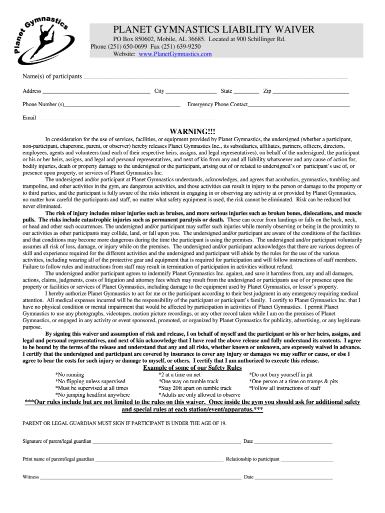 Planet Gymnastics Waiver  Form