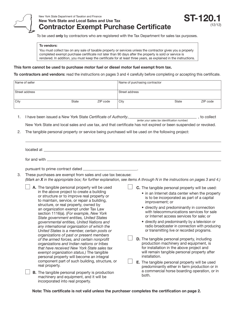 Form ST 120 1711,Contractor Exempt Purchase CertificateST1201