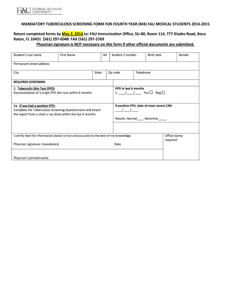  Mandatory Tuberculosis Screening Form M4 Medical Students Med Fau 2015-2024