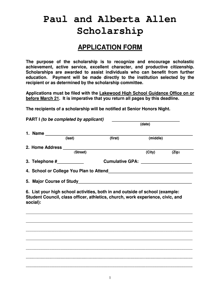 Allen Scholarship Application  Lakewood K12 Mi  Form
