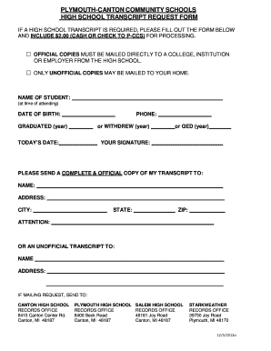 Transcript Request Form for Former Students Plymouth Canton Pcep Pccs K12 Mi
