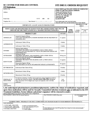 STI Drug Order Request Form BC Centre for Disease Control Bccdc