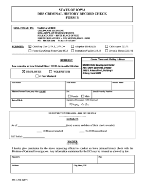 State of Iowa Dhs Criminal History Record Check Form B