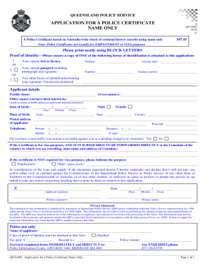 Qp 0349c Application for a National Police Certificate Name Only  Form