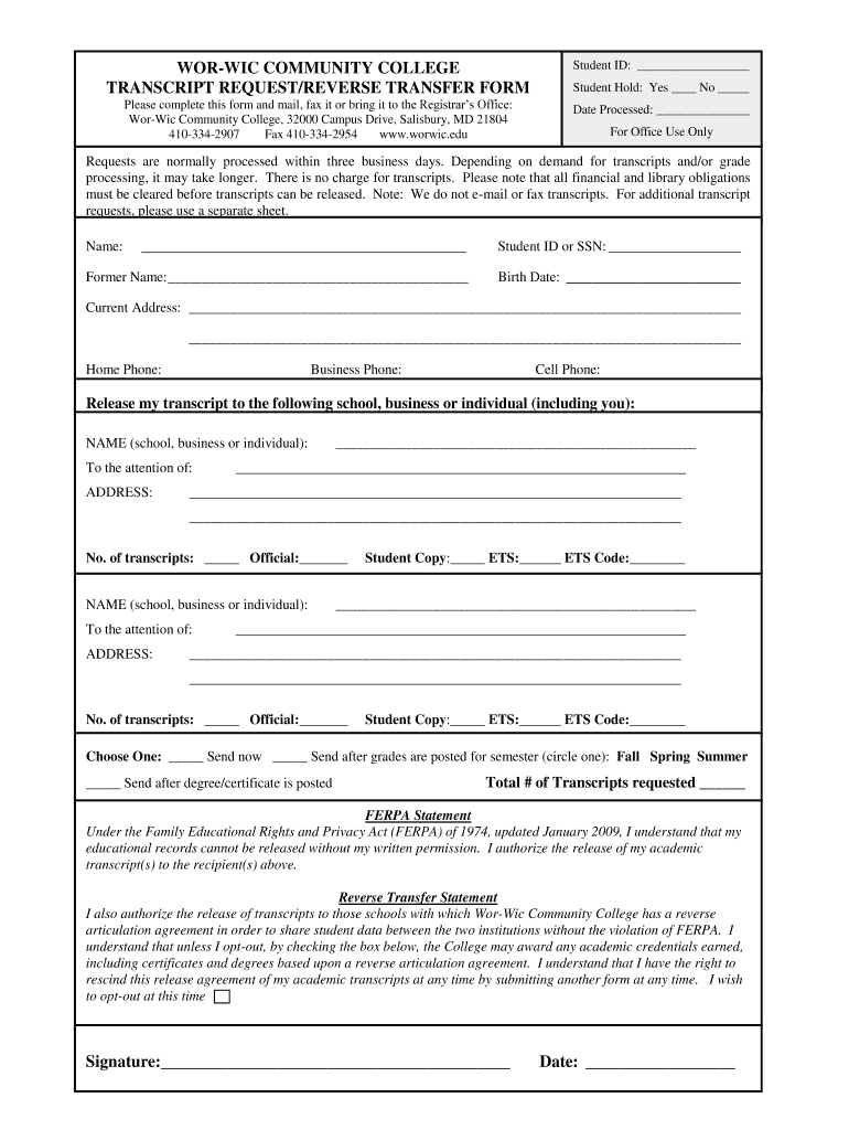 Wor Wic Community College Transcripts  Form