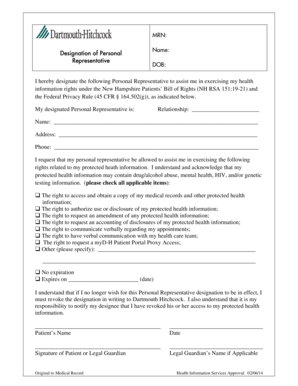  Designation of Personal Representative Updated 642012 Patients Dartmouth Hitchcock 2014-2024