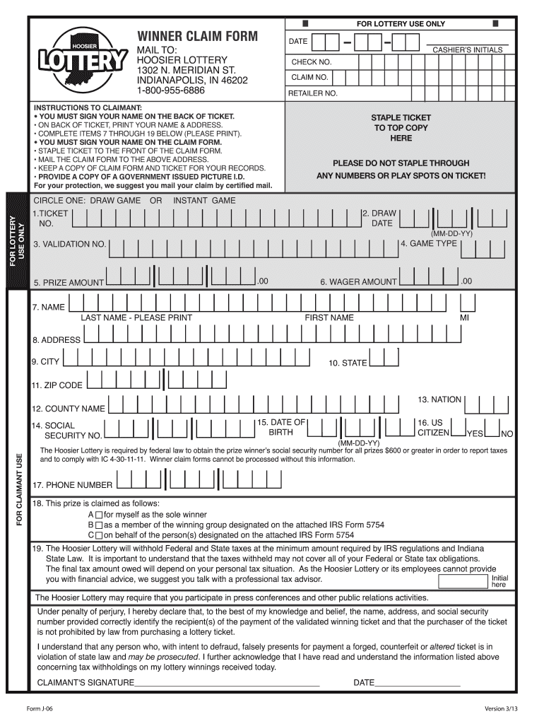  Hoosier Lottery Claim Form 2013-2024