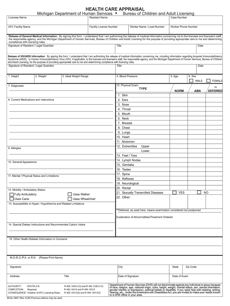 Health Care Appraisal Form Michigan