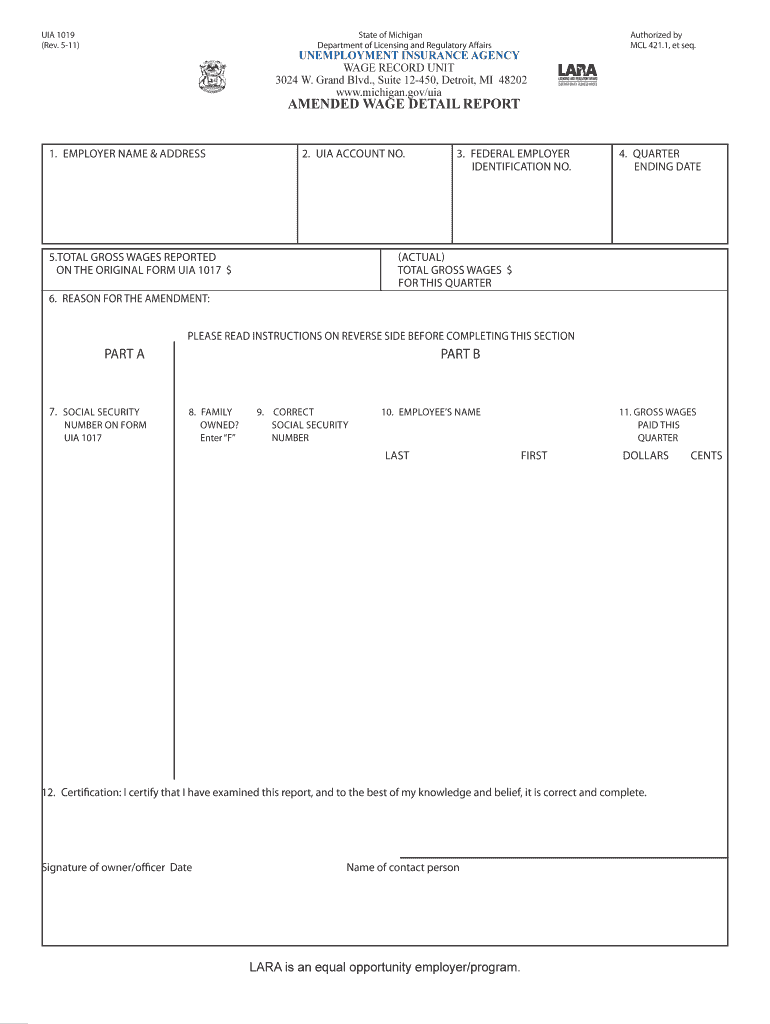  Michigan Form Uia 1019 2011-2024