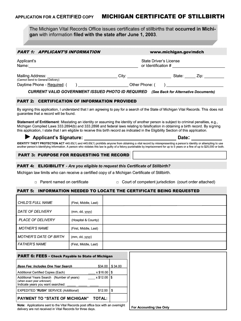  MICHIGAN CERTIFICATE of STILLBIRTH    State of Michigan  Mich 2014