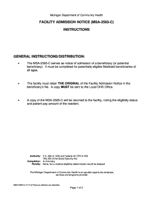 MSA 2565 C FACILITY ADMISSION NOTICE State of Michigan Mich  Form