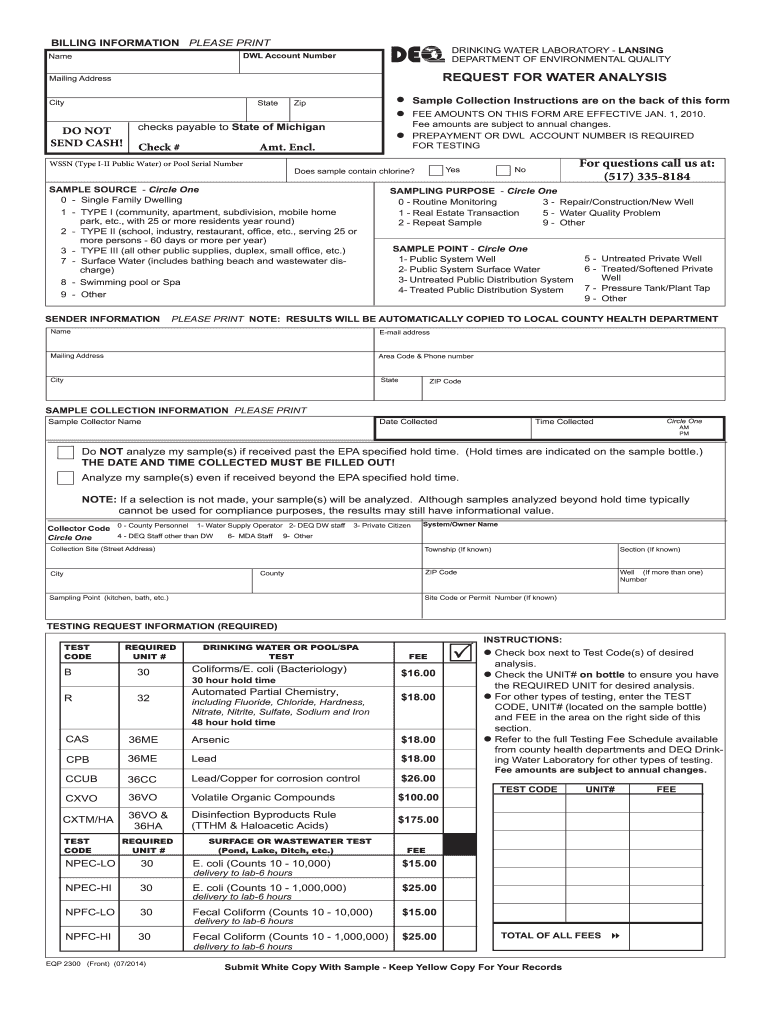  Request for Water Analysis Form EQP2300 State of Michigan Mich 2016