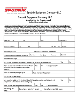 Employment Application Spudnik Equipment Company Spudnik  Form