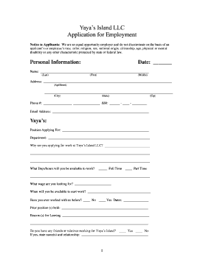 Application for Employment YaYa&amp;#39;s Island  Form