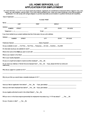 Lel Home Services Application for Employment Form