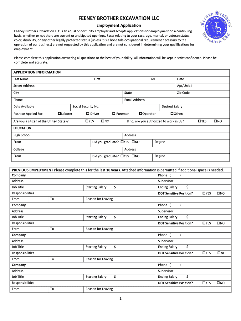 Download Application Feeney Brothers Excavation  Form