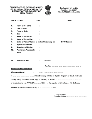 Certificate of Entry of a Birth of an Indian Citizen Embassy of India in Riyadh PDF Fillers  Form