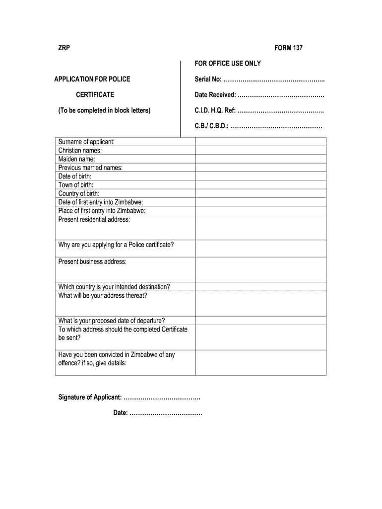 Zimbabwe Fingerprint Form