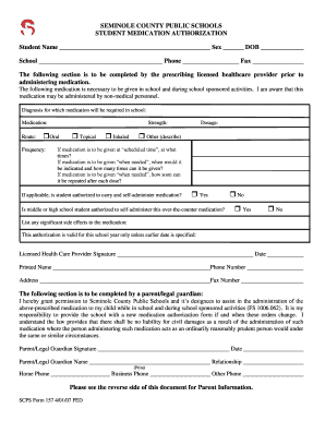 MEDICATION AUTHORIZATION FORM Seminole County Schools Scps K12 Fl