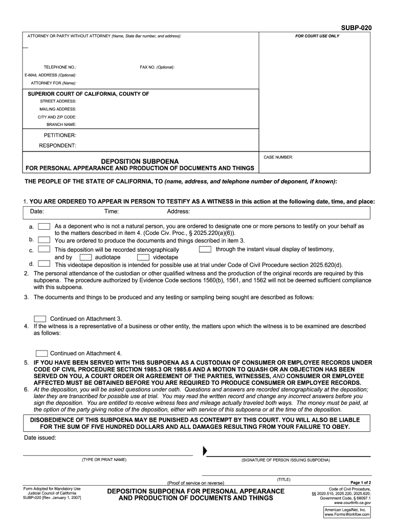  Subp 020 Deposition Subpoena for Personal Appearance and 2007