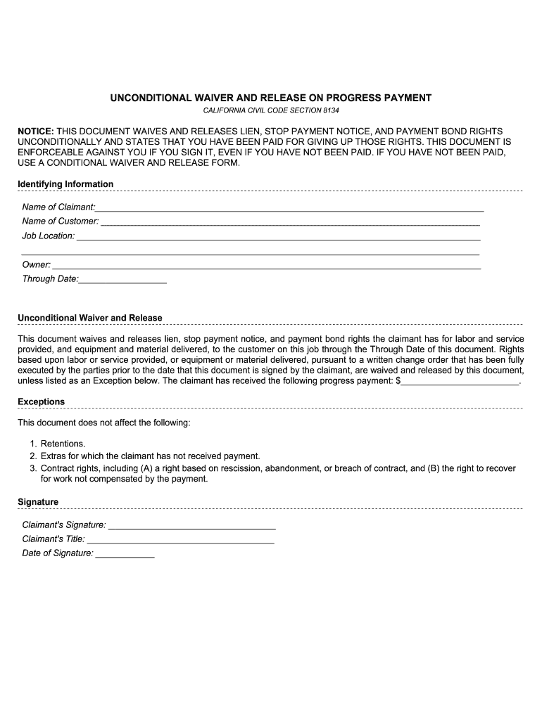 Unconditional Waiver and Release on Progress Payment 8134  Form