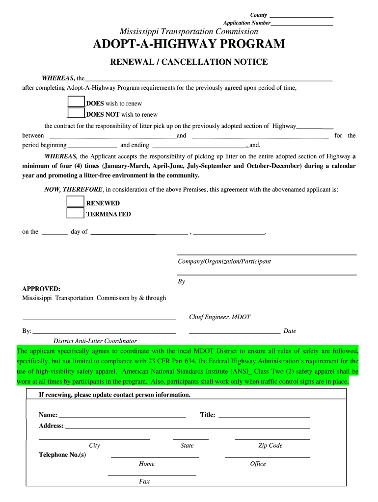 Adopt a Highway Mississippi  Form