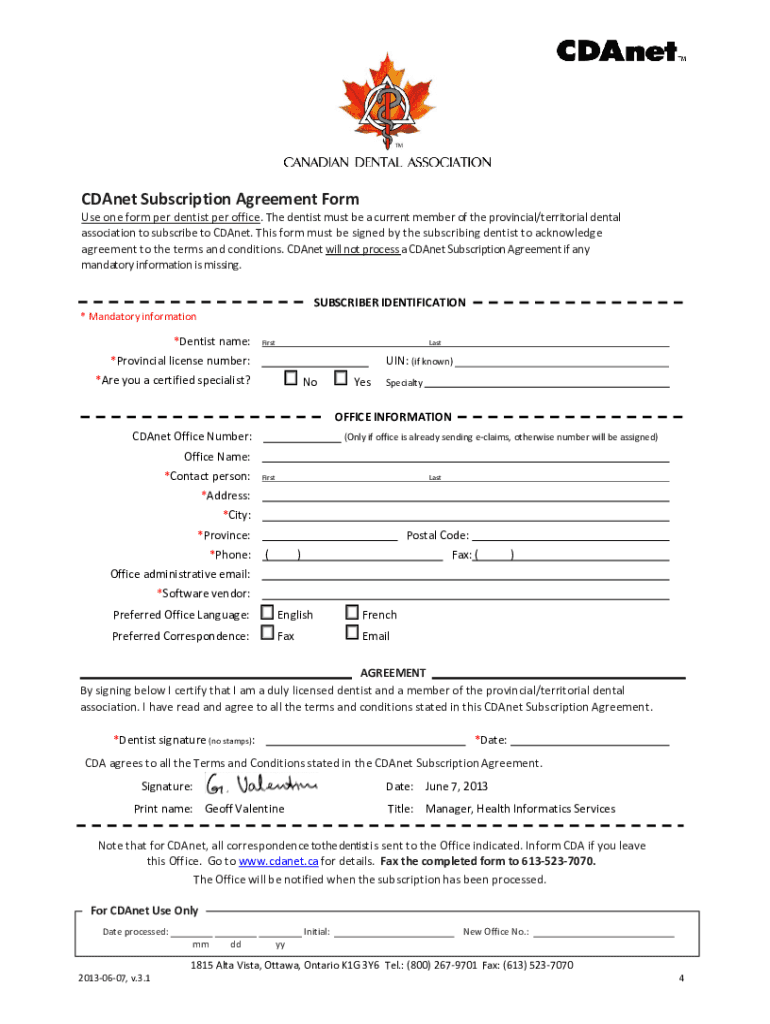 Cdanet Subscription Agreement Form