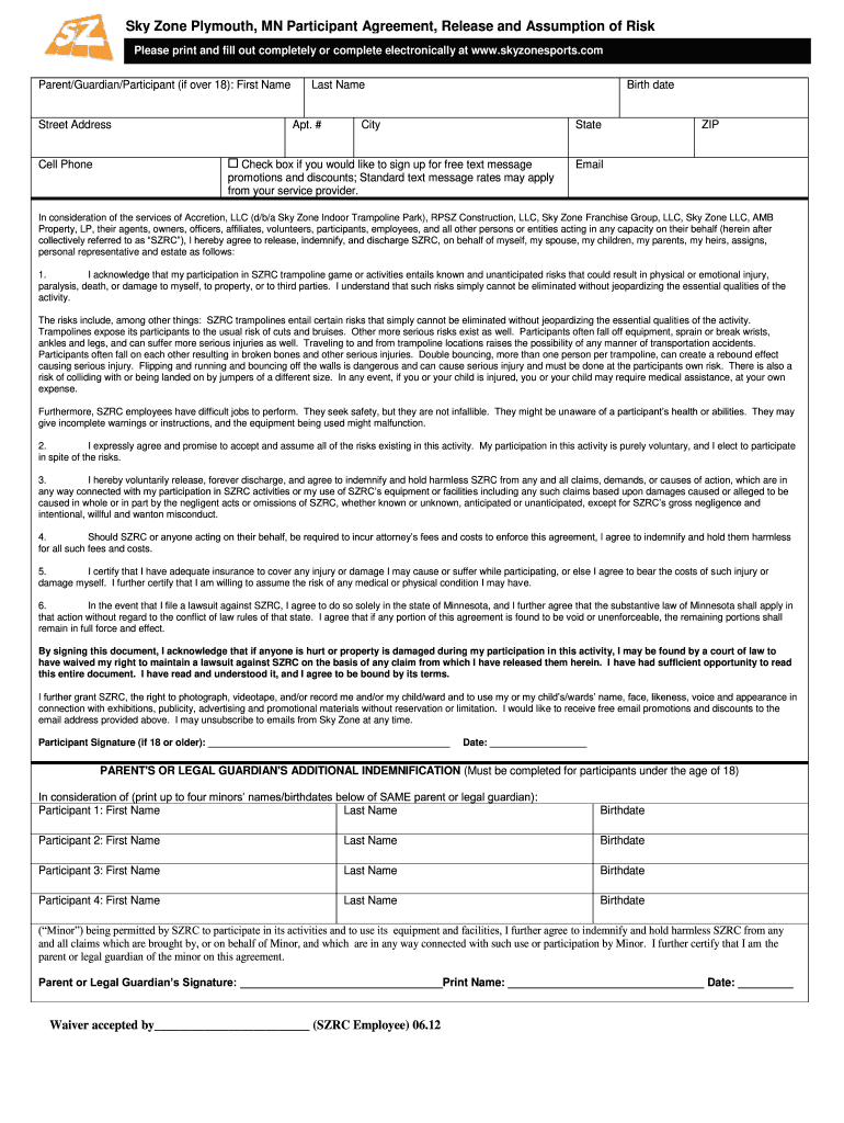  Sky Zone Waiver 2012-2024