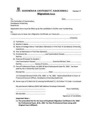 Gondwana University Migration Certificate  Form