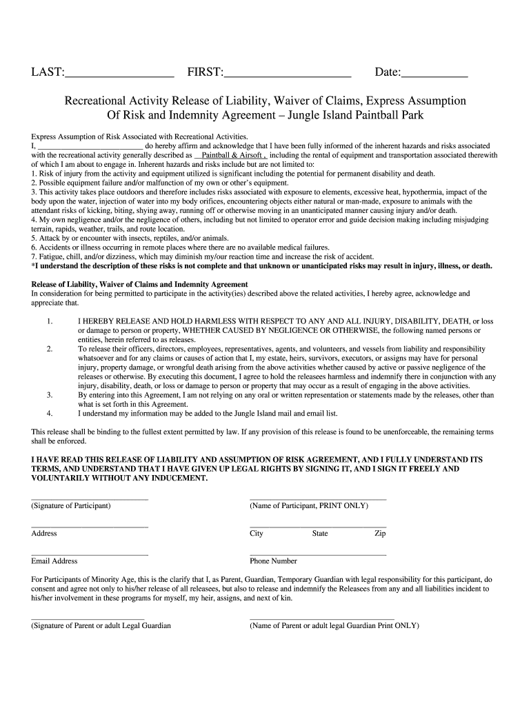 Jungle Island Waiver  Form