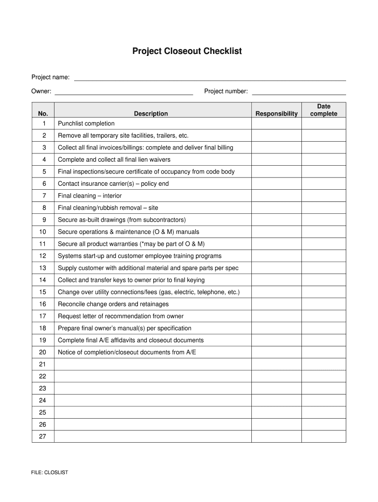 Project Closeout Checklist PDF  Form