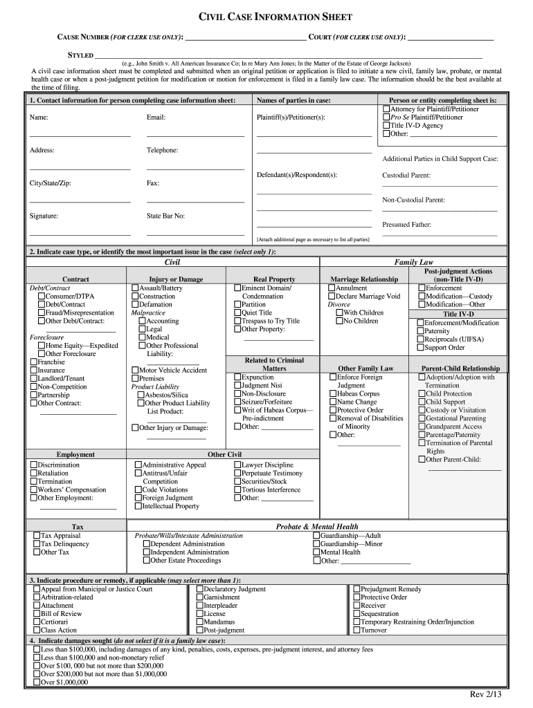 Civil Case Information Sheet Styled Divorce