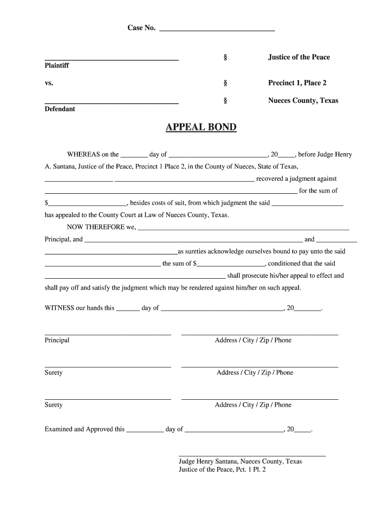 Civil Appeal Bond Form Nueces County Co Nueces Tx