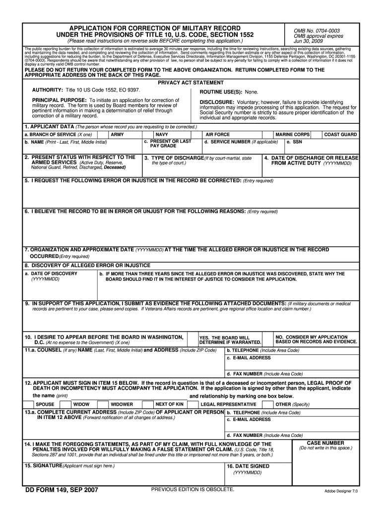 APPLICATION for CORRECTION of MILITARY RECORD  Form