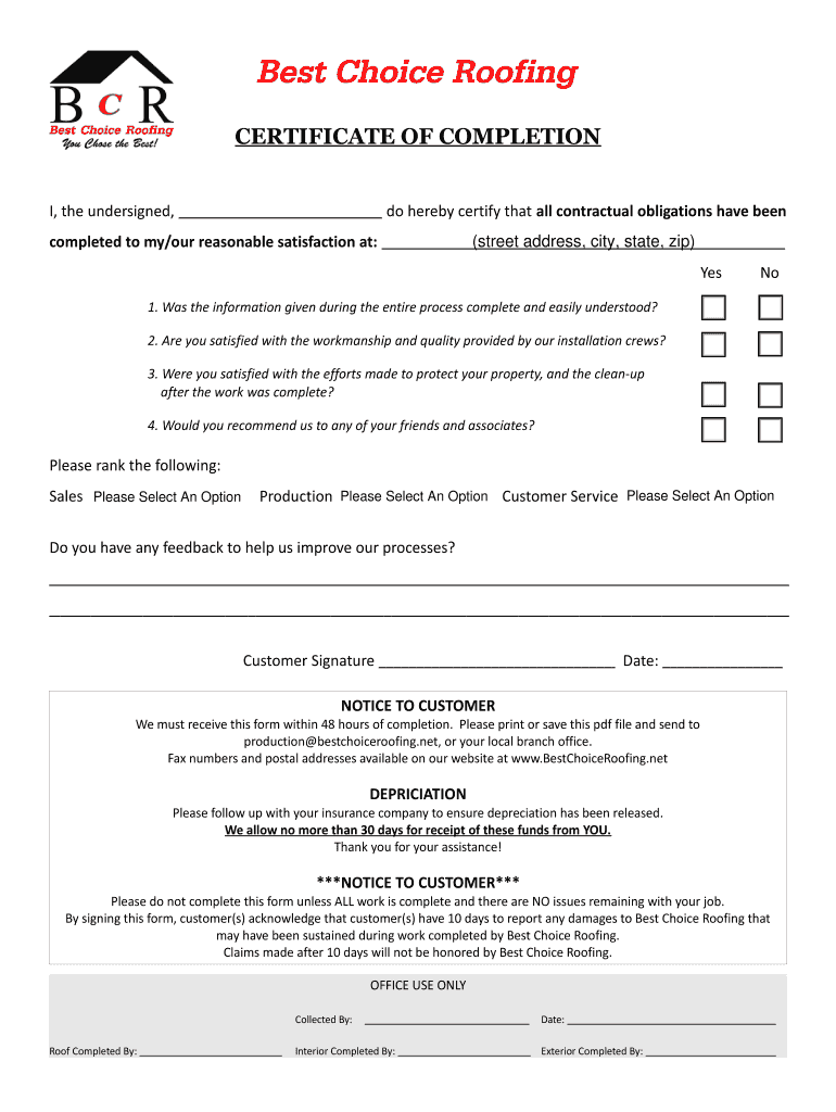 Contractor Job Completion Certificate  Form