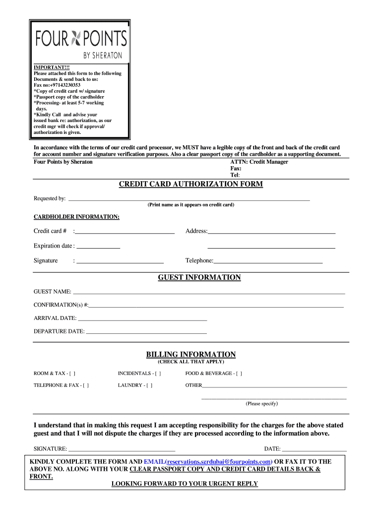 Sheraton Credit Card Authorization Form