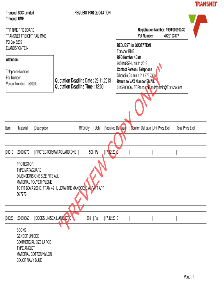 TFR RME RFQ BOARD TRANSNET FREIGHT RAIL RME ELANDSFONTEIN  Form