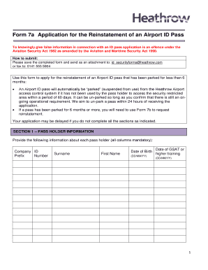 Form 7a Application for the Reinstatement of an Heathrow Airport