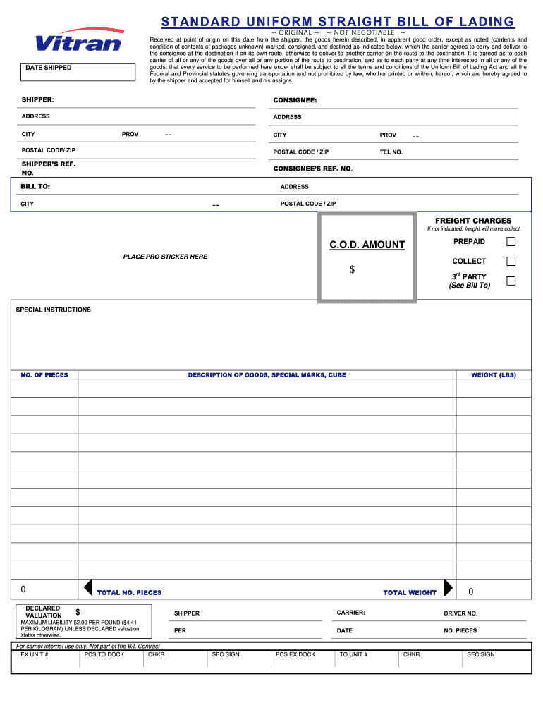 Uniform Straight Bill Lading Form