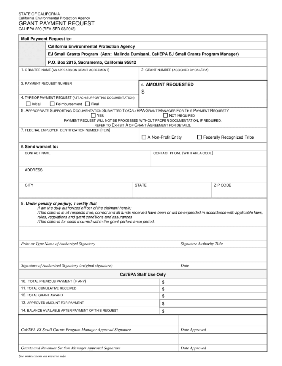  Grant Payment Request, CalEPA 220 California Environmental Calepa Ca 2013-2024