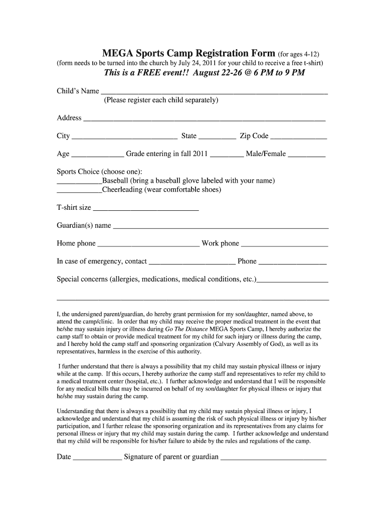  MEGA Sports Camp Registration Form for Ages 4 12 2011