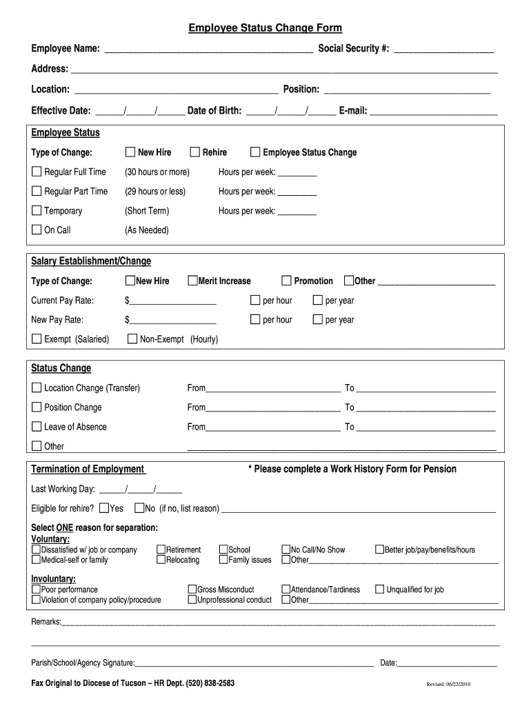 Get and Sign Employee Status Change Form Employee Name  Diocese of Tucson  Diocesetucson 2010