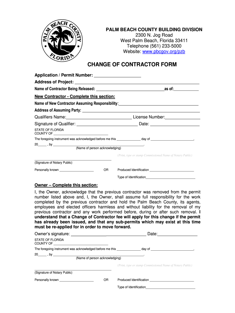 Palm Beach County Change of Contractor  Form