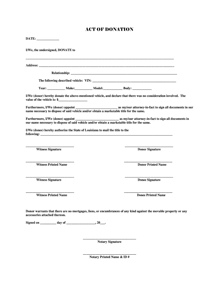 Louisiana Act of Donation of Immovable Property Form