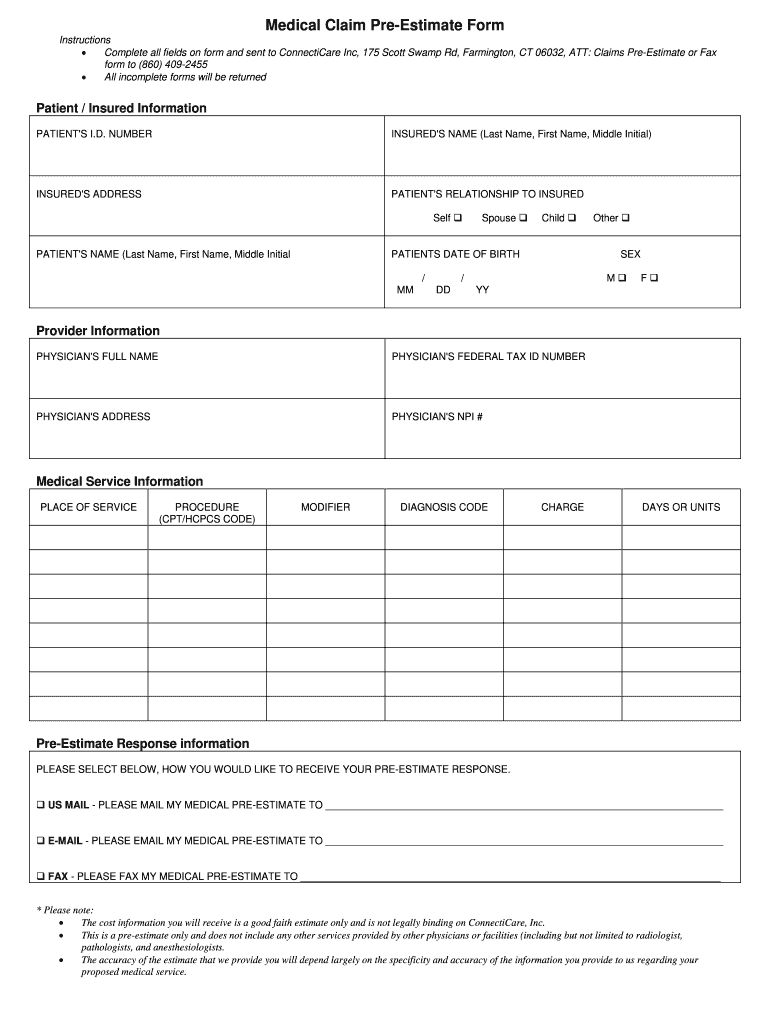 Medical Claim Pre Estimate Form ConnectiCare