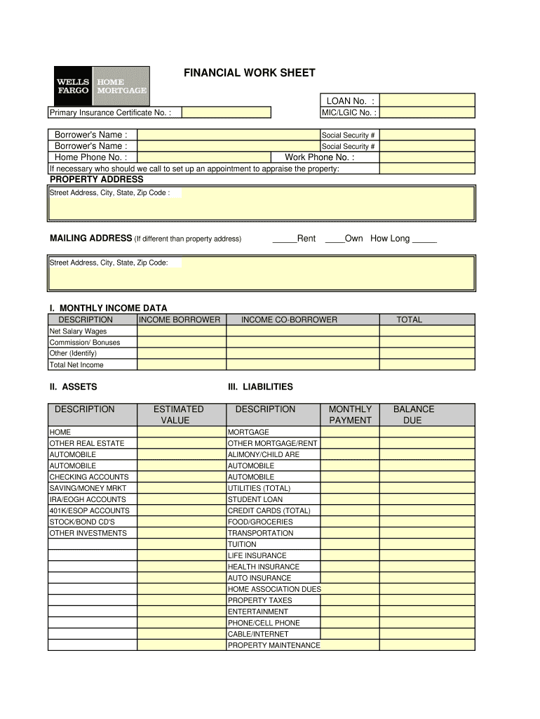 Wells Fargo Printable Financial Worksheet - Fill Out and ...
