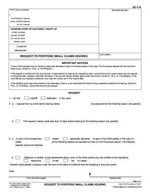 Sc 110 Request to Postpone Small Claims Hearing Instant Lawyer  Form