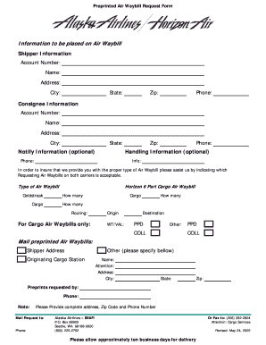 Information to Be Placed on Air Waybill Alaska Airlines