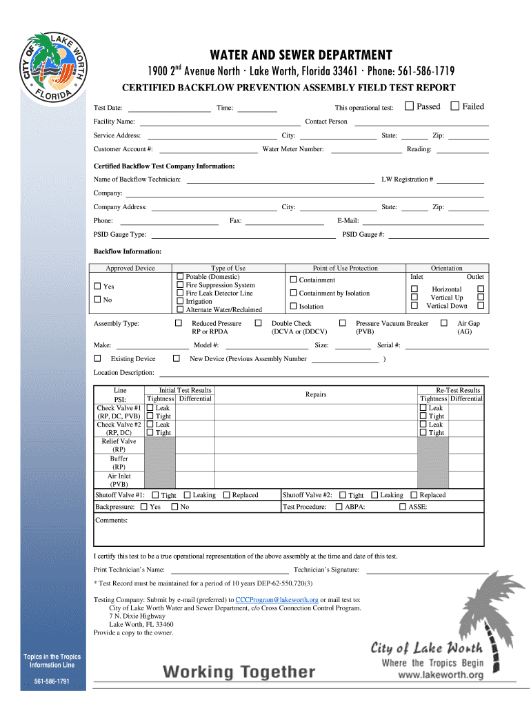 Backflow Prevention Assembly Field Test Report City of Lake Worth Lakeworth  Form